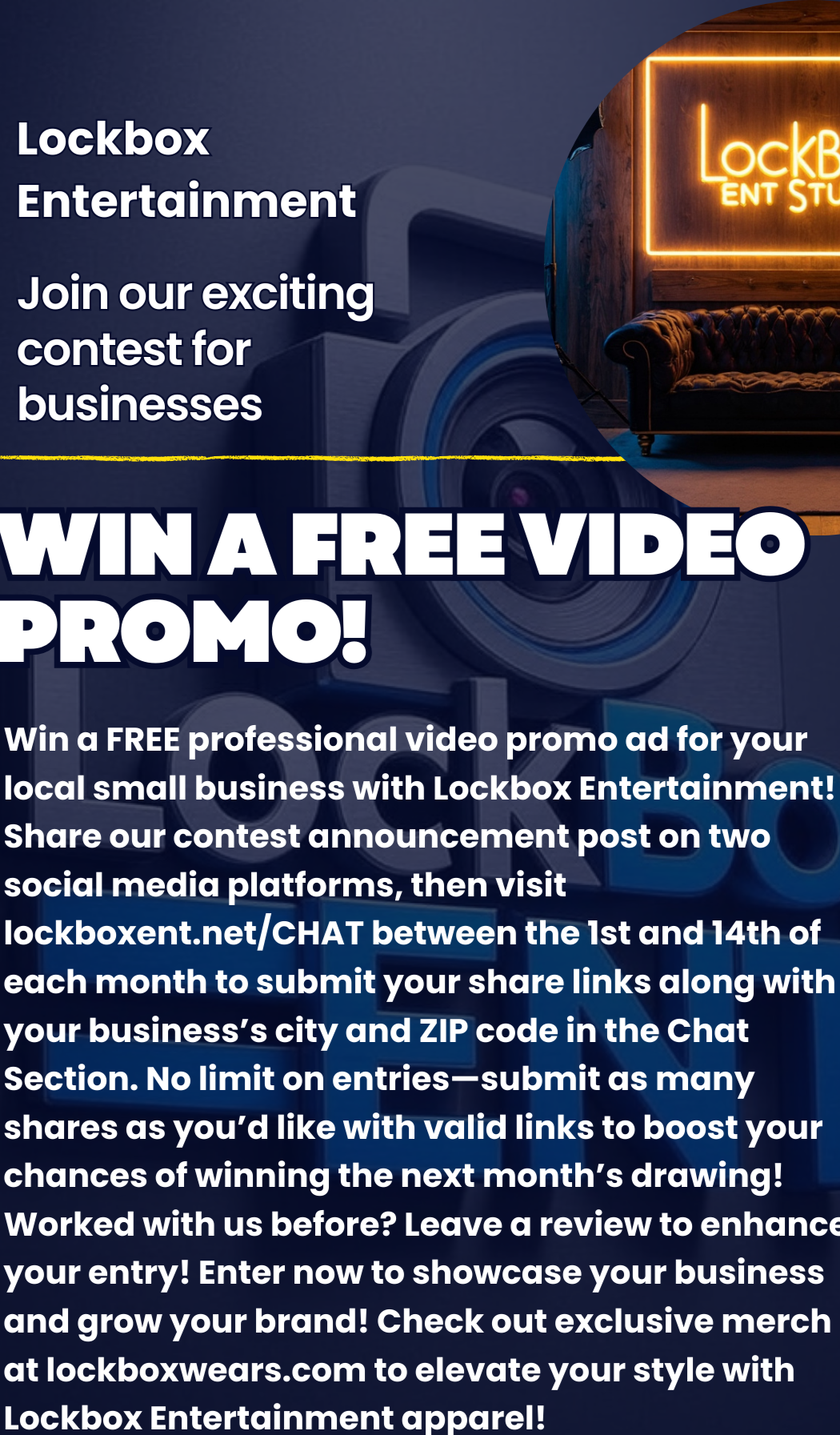 Promotional flyer for Lockbox Entertainment contest with a neon sign and text.